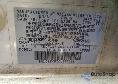 2016 Nissan Versa Note Sv из США, поврежденный, VIN 3N1CE2CP9GL357616